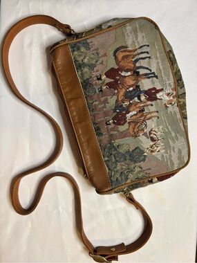 Vintage Orvis Fox Hunt Tapestry Crossbody Purse Leather Equestrian Bag